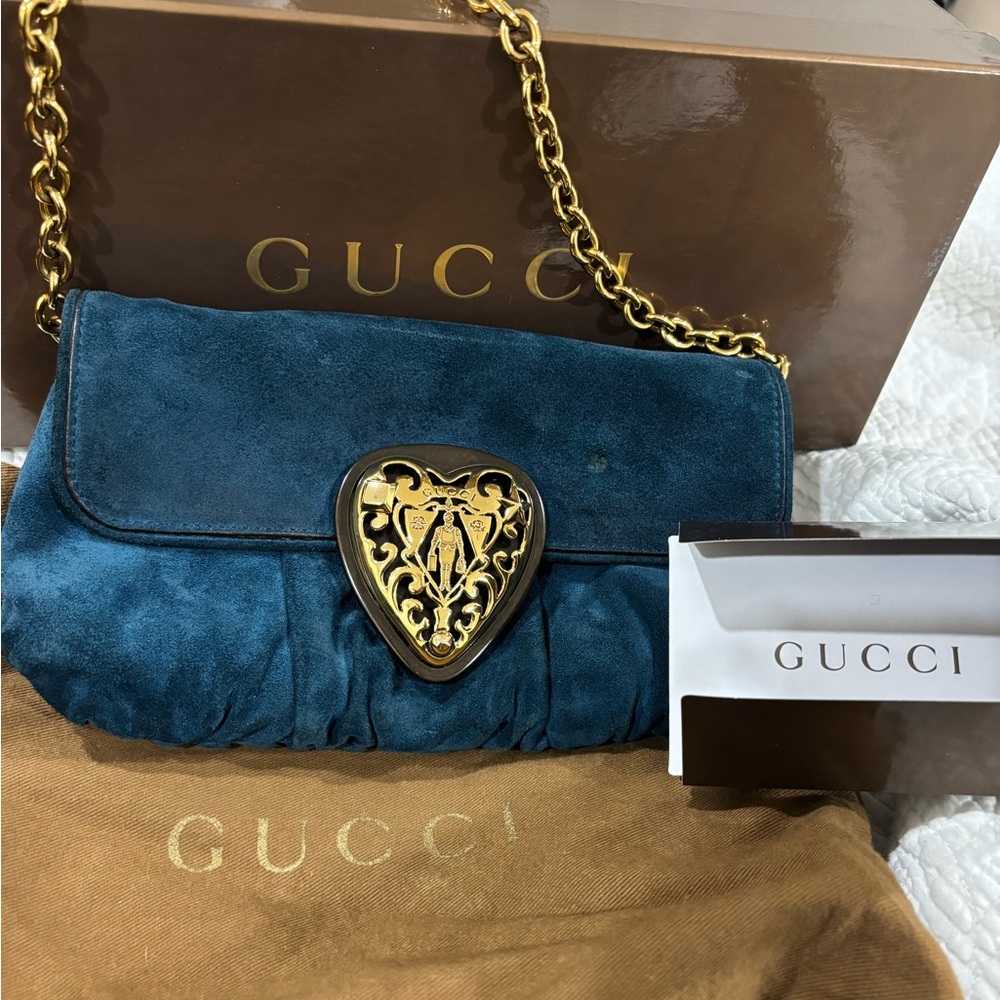 Gucci Teal Suede Clutch with Gold Accents